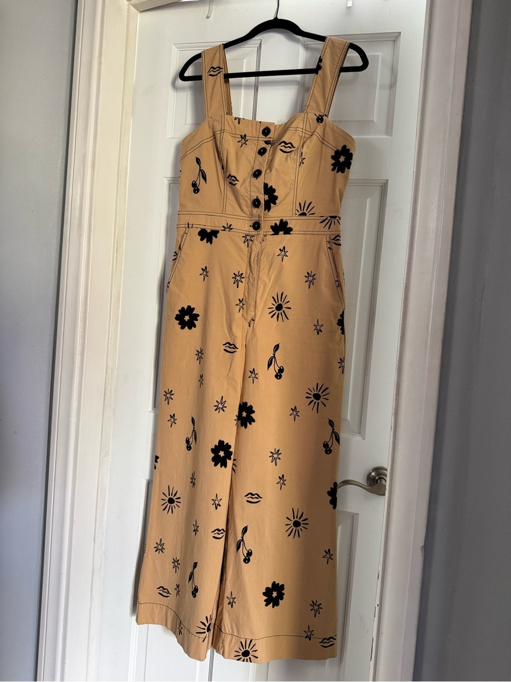 Anthropologie Beige Midi Dress with Black Floral & Sun Motifs